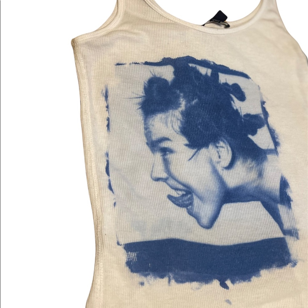 Bjork Cyanotype Blue print screen print handmade custom white beater tank top